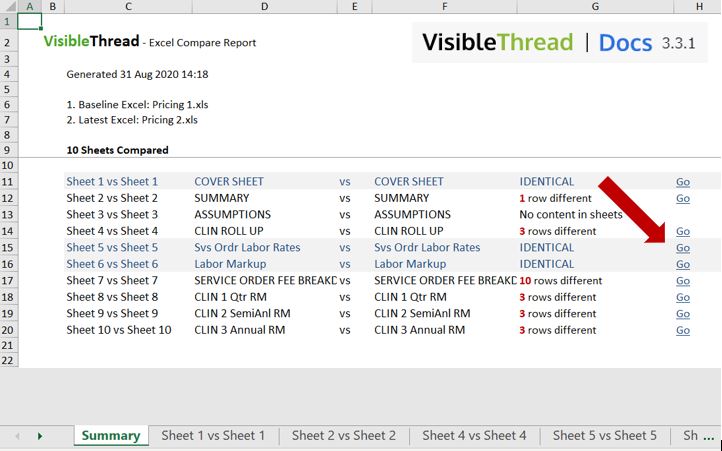 In VT Docs' feature, the Excel compare report, a red arrow points to the go button.