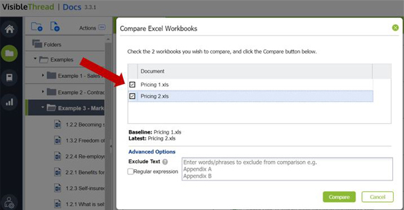 In the VT Docs software, an arrow points to the compare excel workbooks function.