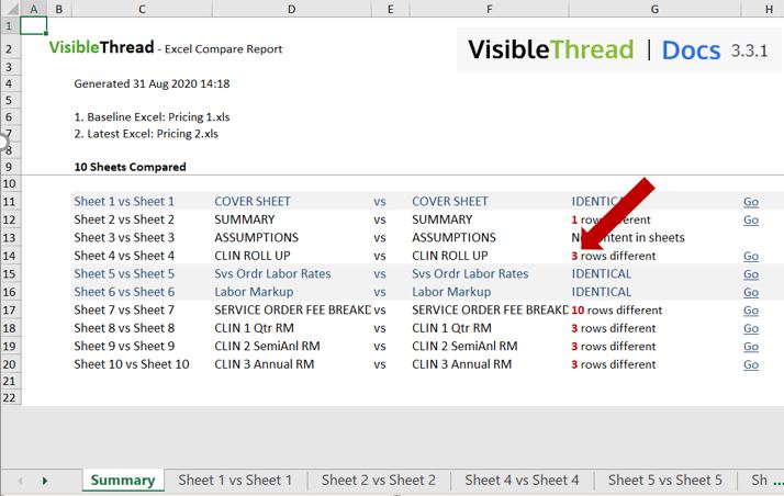 In VT Docs, in the Excel compare report, a red arrow points to the number of different rows.