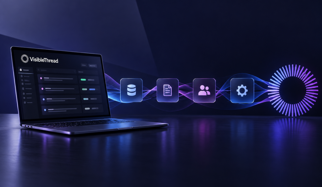 RFP software platform connected to data, content, people, and IT through flowing digital connections.