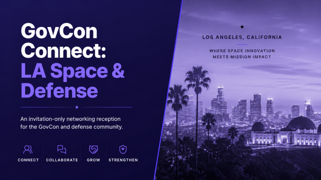 GovCon Connect: LA Space & Defense event graphic featuring the Los Angeles skyline, palm trees, and a space-themed backdrop, promoting an invitation-only networking reception for the GovCon and defense community.