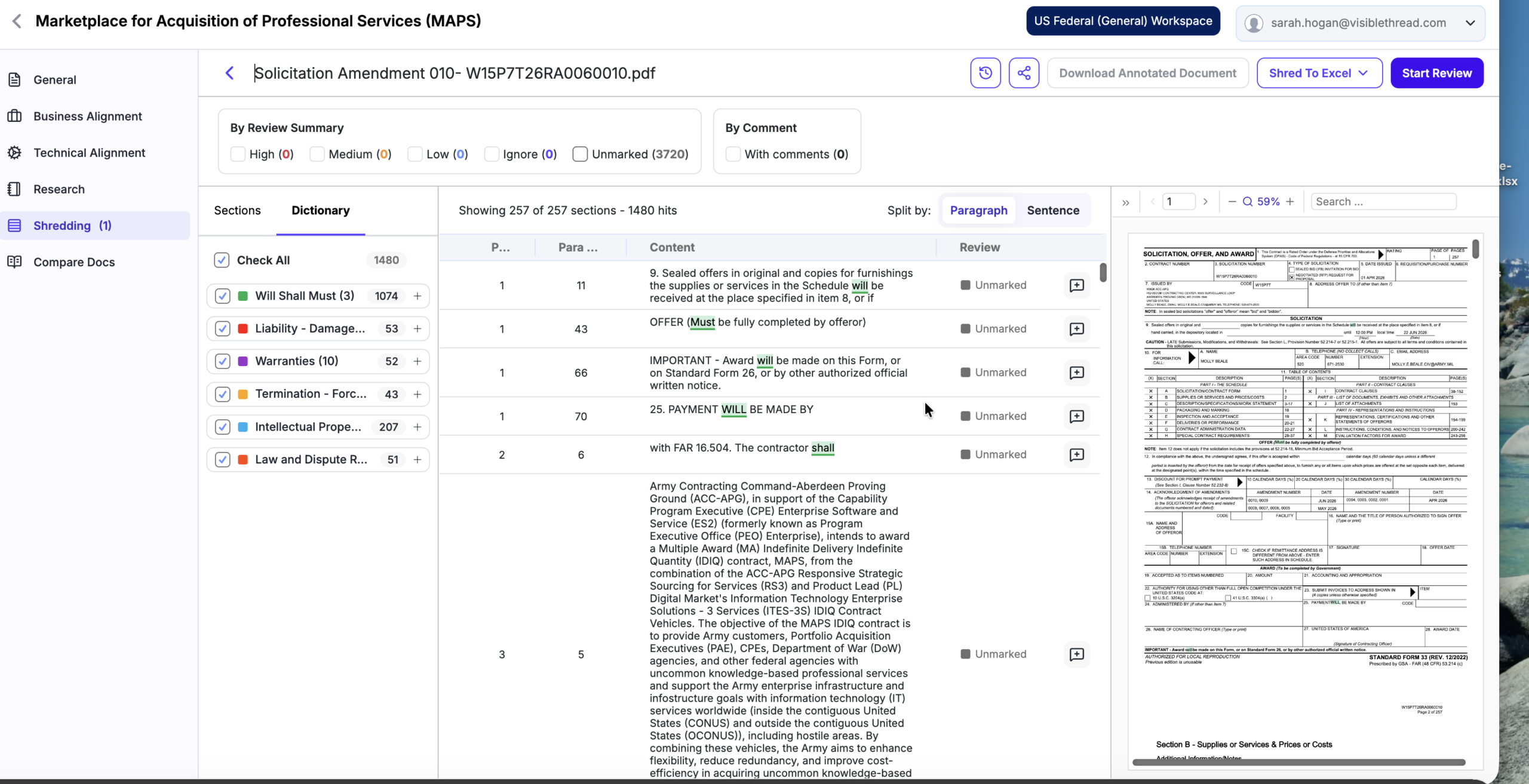 VisibleThread Simple Shred view of the Army MAPS solicitation, showing obligation, submission, and compliance language flagged by dictionary category