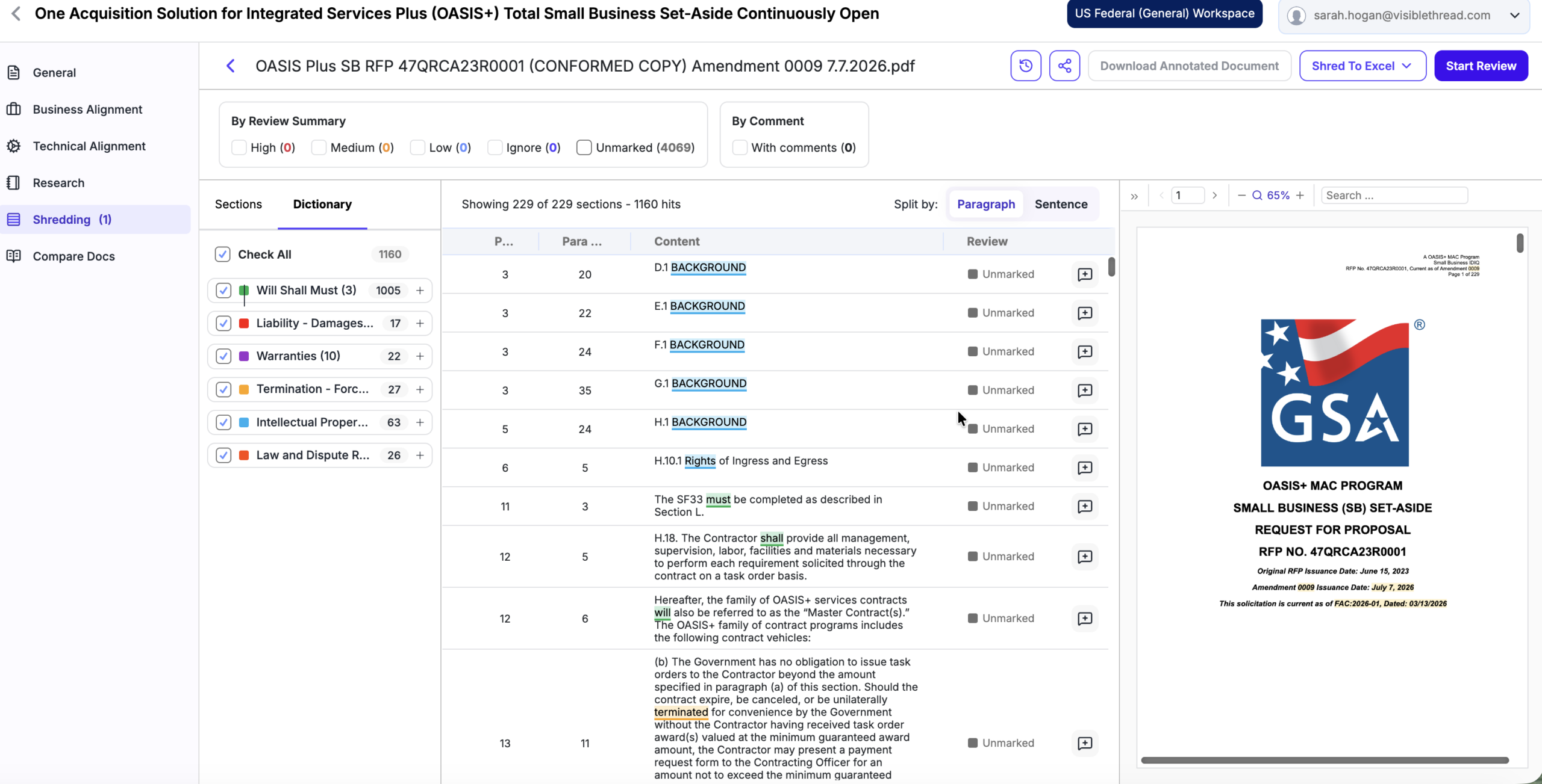 VisibleThread Simple Shred view of the OASIS+ SB RFP Amendment 0009, showing obligation, liability, warranty, and IP clauses flagged by dictionary category